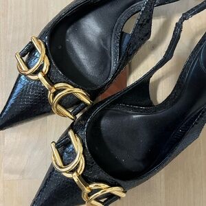 Zara Black Croc Leather, Slingback Kitten Heel, Gold Chain